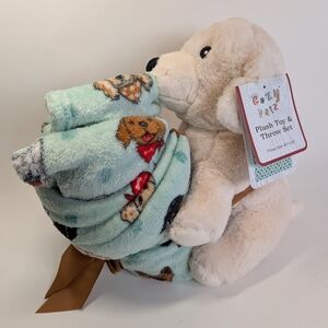 Cream Puppy Plush Toy & Multicolor Throw Set